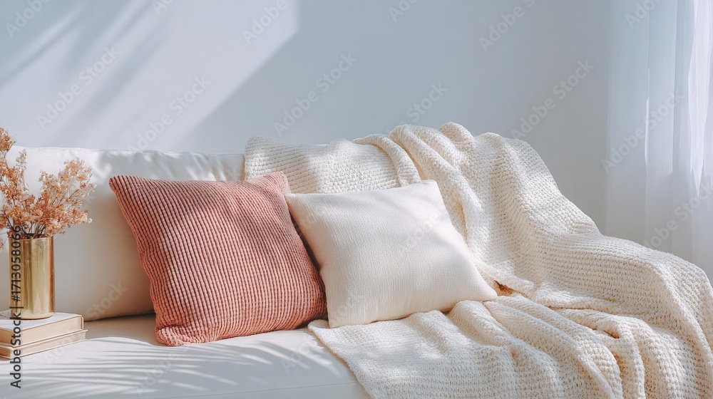 Poster white sofa with two throw pillows and a blanket on it. the sofa is in a room with a white wall and a