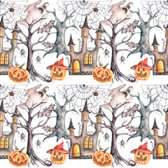 Happy Halloween watercolor seamless pattern. Gothic. Fear, horror. Halloween party. Ghosts, spiders, bats, pumpkins, cobwebs, castle. For printing on wrapping paper, stickers, invitations, postcards