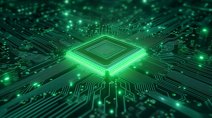 Futuristic Green Microchip on Digital Circuit Board
