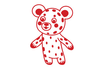 Red colored teddy bear with polka dots standing on white background in a simple line style