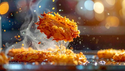 A close-up side profile cinematic view of hash browns frying in a hot pan, golden crispy texture forming, captured with static camera slowly zooming out and bokeh background for a delicious effect