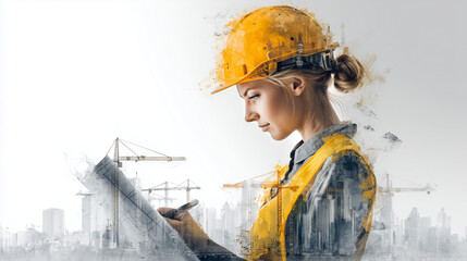 Female Architect in Hard Hat Reviewing Plans at Construction Site
