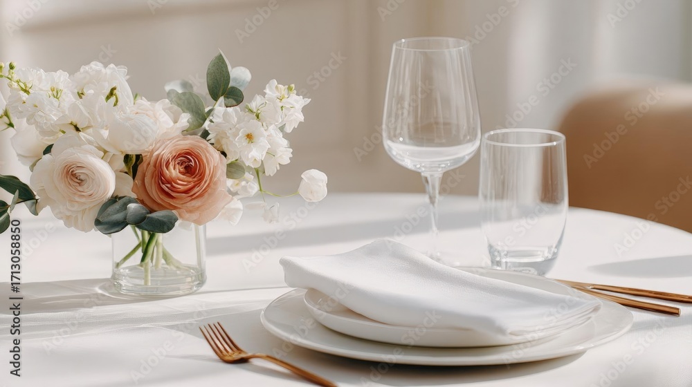 Poster table set for a formal dinner or event. the table is covered with a white tablecloth and has a vase 