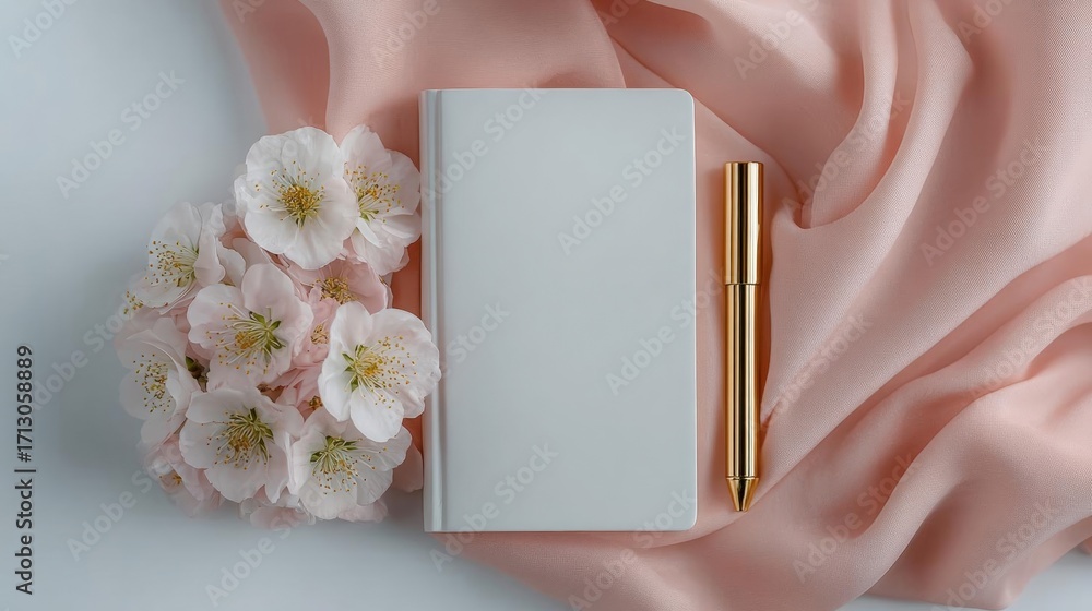 Poster white notebook with a gold pen resting on top of it. the notebook is open and the pen is lying next 