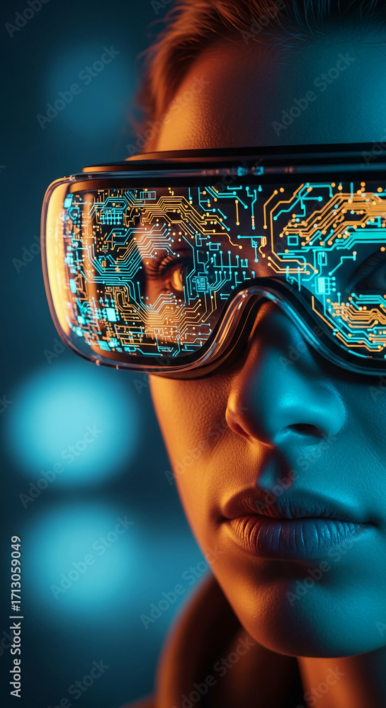 Poster close-up of a face wearing futuristic glasses displaying circuit board patterns, illuminated by oran