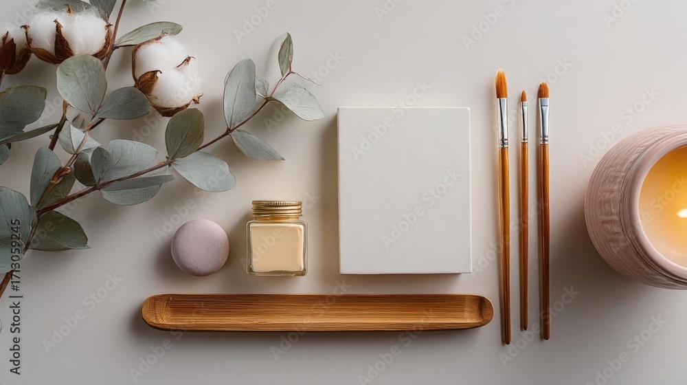 Poster flat lay of various objects arranged on a light grey background. on the left side of the image, ther