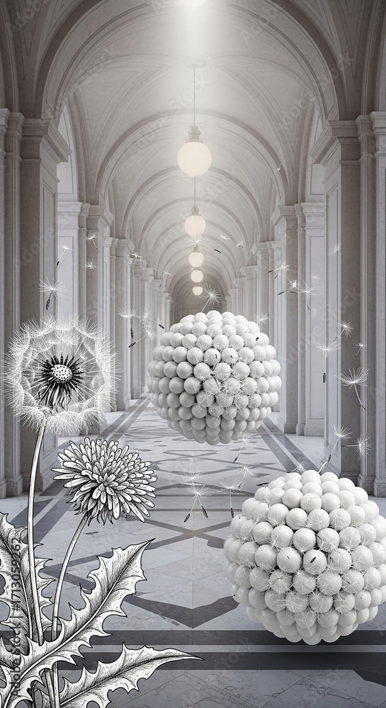 Poster elegant hallway scene with dandelion seeds and stylized sphere structures, suggesting themes of chan