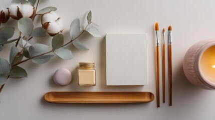 Flat lay of various objects arranged on a light grey background. on the left side of the image, there is a branch with white cotton flowers and green leaves.
