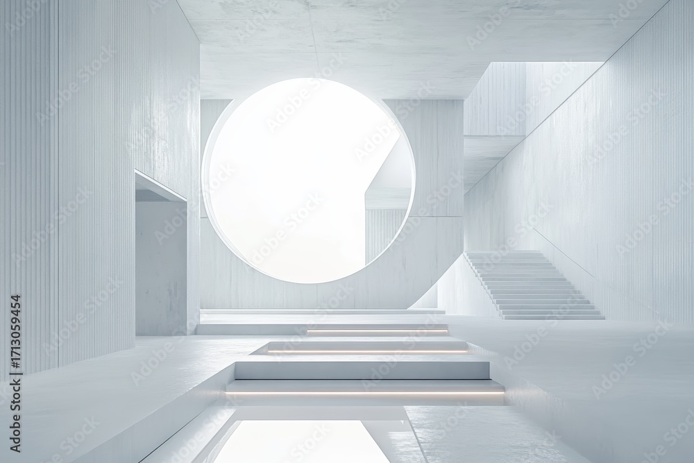 Poster futuristic minimalism showcased in a serene architectural space with circular light elements