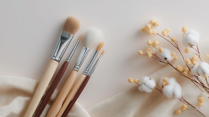 Set of makeup brushes with wooden handles and white bristles. the brushes are arranged in a horizontal line on a beige fabric background.