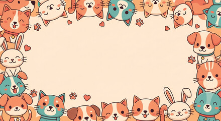 Cute cartoon cats, dogs, and rabbit surround blank space, hearts included, perfect for Valentine's Day or pet-themed designs, showcasing free space for text or logo