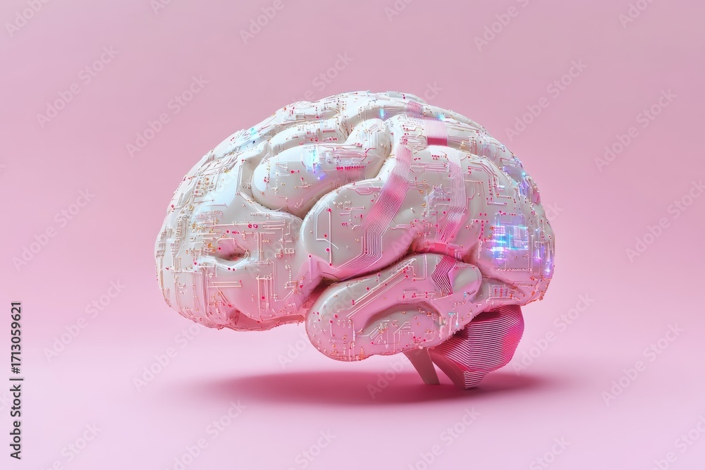 Poster unique brain design showcasing technology and creativity with colorful circuit patterns