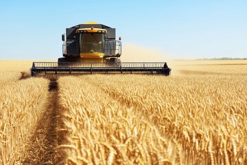 Obraz premium Harvesting wheat using modern machinery in a sunny field