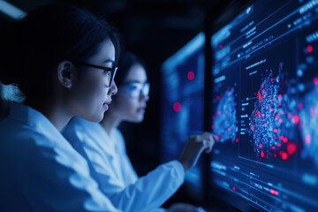 Team of scientists examining global data visualization