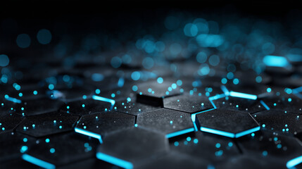 Futuristic glowing blue hexagon grid with digital particles on dark surface
