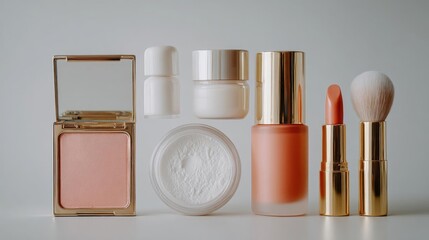 Collection of makeup products arranged on a white background. on the left side of the image, there is a compact powder blush in a gold-colored compact with a mirror on top.