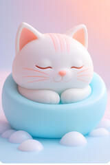 A charming cartoon cat, depicted in a stylized 3D rendering, is seen sleeping peacefully in a soft, light blue, cloud-shaped cradle.