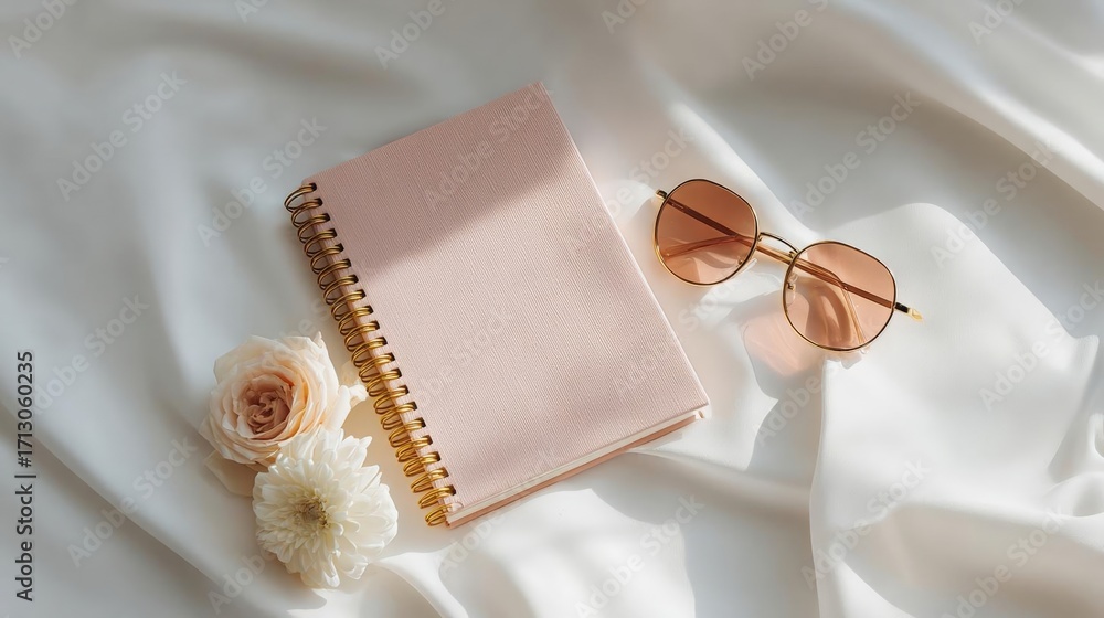 Poster flat lay of a pink notebook with a gold spiral binding on a white satin background. next to the note