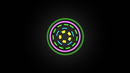 HUD Square Colorful glowing HUD circle with green, purple, yellow, and blue neon elements on a black background, resembling a futuristic sci-fi interface or digital holographic display.
 - Powered by Adobe