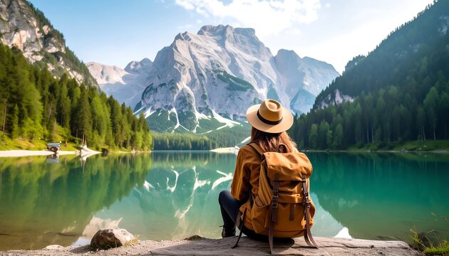 Woman hiker by calm lake