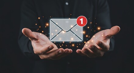 Close up of Hands Holding a Glowing Email Notification Icon