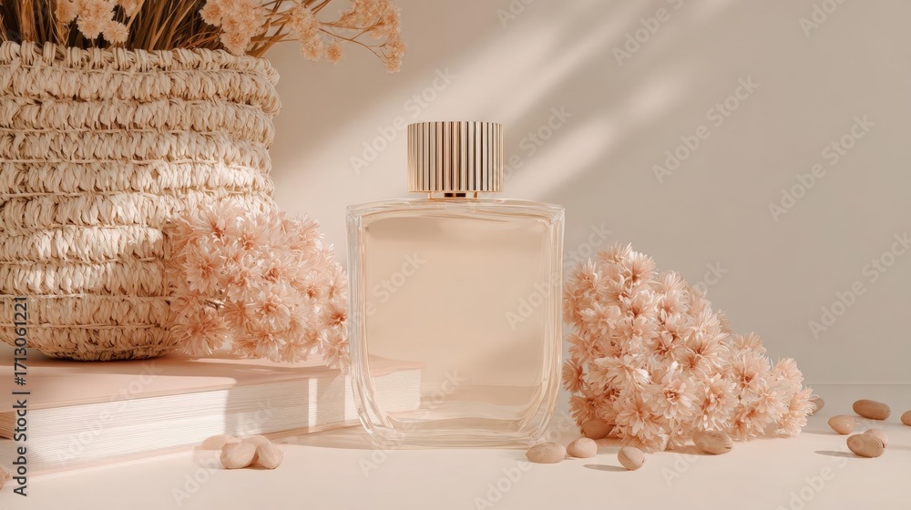 Poster perfume bottle with a gold-colored cap and a transparent body. the bottle is placed on a white surfa