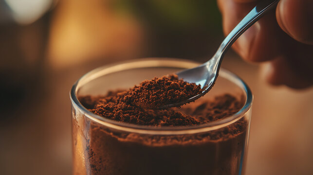 Instant Coffee Preparation: A spoonful of powdered coffee is added to a glass, capturing the essence of a quick and easy coffee moment.