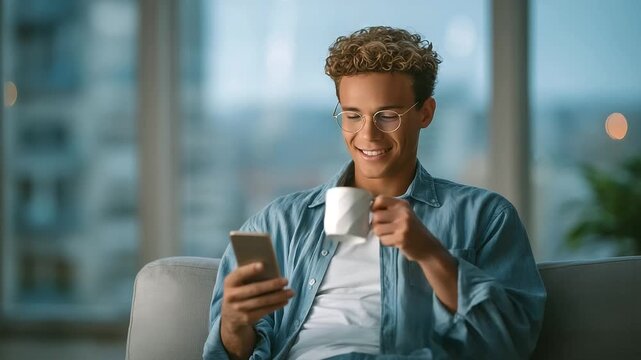 Entrepreneur watching recorded e-learning modules on smartphone, flexible remote lifestyle AI