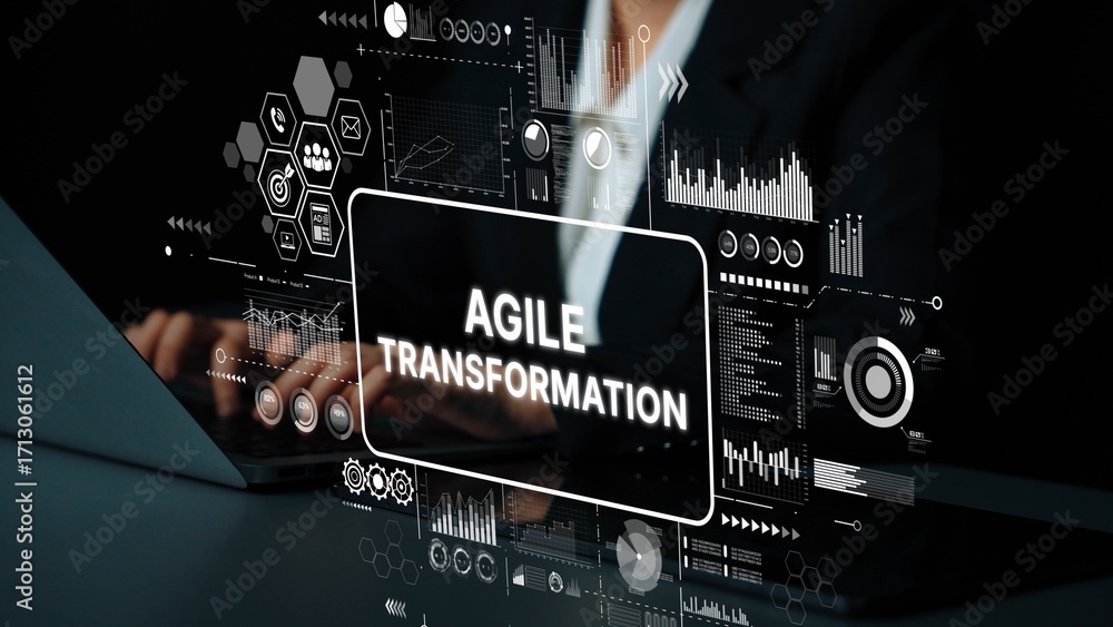 Poster professional agile transformation concept with digital interfaces and data analysis visuals. asympto