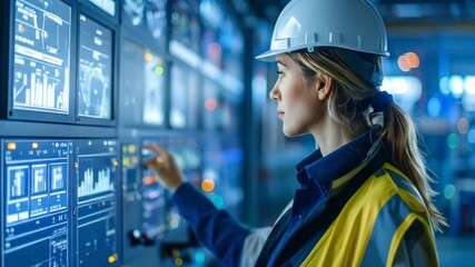 Female Engineer in Hard Hat Monitors Control Room Data with Industrial Automation. - Powered by Adobe