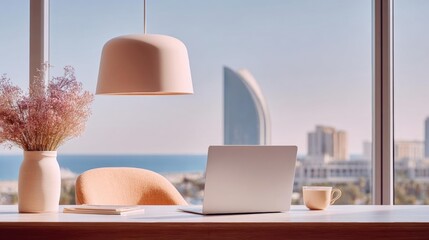 Desk with a laptop and a cup of coffee on it. the desk is in front of a large window with a view of the city skyline in the background. the window has a white pendant light hanging from the ceiling.
