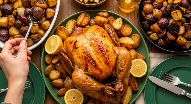 Roasted chicken with roasted potatoes and lemon slices on a green plate, overhead view showcasing a delicious, home-cooked meal concept