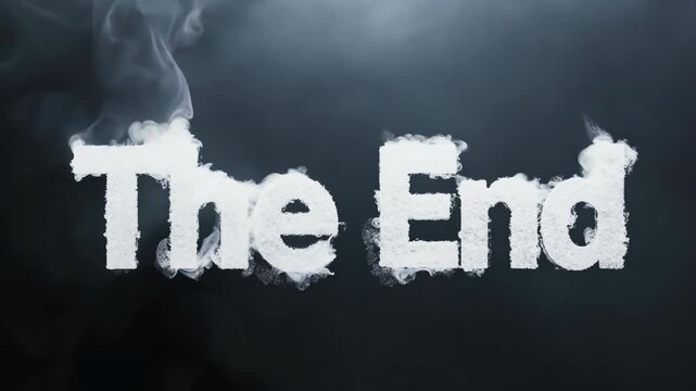 "The End" text emerges from dark with swirling smoke. Frosty letters appear, signifying a dramatic conclusion.