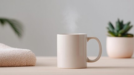 White ceramic mug with a handle on a wooden surface. the mug is filled with a steaming hot beverage, possibly coffee or tea.