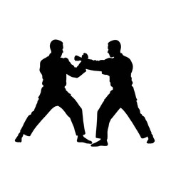 Silhouette of two martial artists practicing combat techniques in dynamic stances isolated on white background Vector Illustration