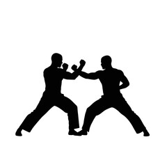 Martial arts silhouette two fighters sparring dynamic combat poses ready for action isolated on white background Vector Illustration