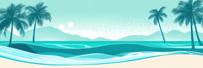 Obraz premium Tropical graphic layout featuring serene ocean waves and palm trees at sunset
