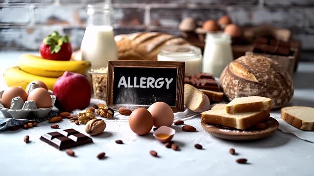 Allergy victim suffering. dietitians choice of foods to avoid during the onset of allergies, such as fruits and dairy products, including bread and eggs.