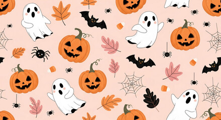 Cute Halloween pattern featuring ghosts, pumpkins, bats, spiders, and leaves on a peach background Ideal for autumn or Halloween designs, cards, or decorations