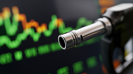 Fueling Trends: A gas pump nozzle stands against a backdrop of financial market data, illustrating the volatile relationship between energy and economics.