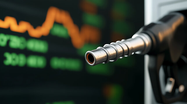 Close-up of a fuel pump nozzle against a backdrop of financial data, symbolizing energy market fluctuations and economic indicators. - Powered by Adobe