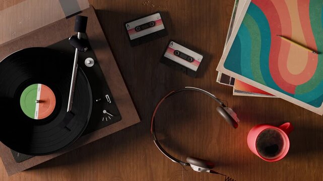 4K three-dimensional animation featuring a retro vinyl record player, a stack of records, headphones, and audio cassettes on a wooden table. Top-down view. Looping animation.