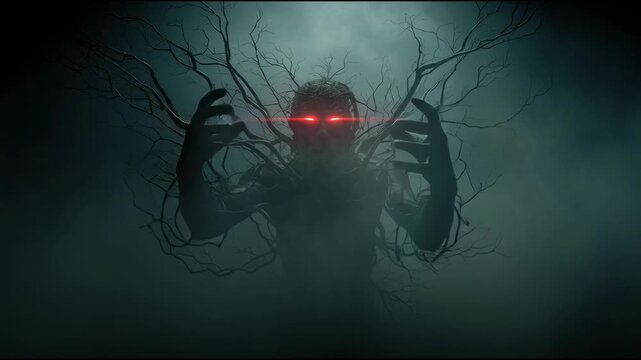 monstrous dark figure with glowing red eyes