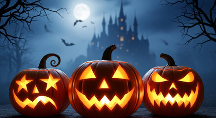 Three illuminated jack-o'-lanterns sit in the foreground, against a backdrop of a spooky castle and moonlit night, representing Halloween's eerie atmosphere