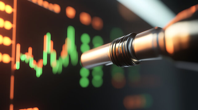 Stock Market Investment: Visualizing growth with a metal object in foreground. Orange and green lines on dark background symbolize stocks & financial data.