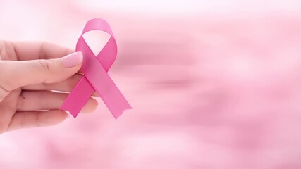 Breast cancer awareness day. human hand holding pink ribbon, closeup view of fingers and nails, with focus on the thumb and index finger. The background is blurred, emphasizing the hand and ribbon. - Powered by Adobe