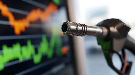 Fototapeta premium Fueling Trends: A gas pump nozzle foregrounded against a fluctuating economic graph, symbolizing the volatile energy market landscape and consumer costs.
