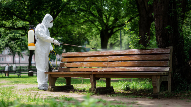 Sanitation worker in protective suit spraying disinfectant on park bench
