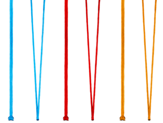 Colorful strings for hanging Christmas ornaments. Set of red, blue, and golden loops isolated on a transparent background. Holiday accessories for decorating Christmas tree. PNG 