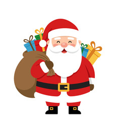 Christmas santa claus with presents and gift bag ready for festive holiday deliveries isolated on white background Vector Illustration